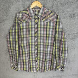 Rock 47 Wrangler Western Cowgirl Shirt Women Large Rhinestones Pearl Snap‎ Plaid